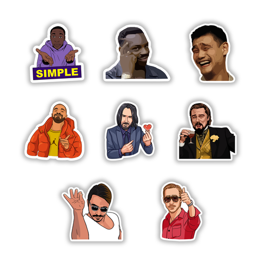 Set of 8 viral meme stickers including Khaby Lame, Drake, Keanu Reeves, Salt Bae, and Leonardo DiCaprio - Stick-On Limited collection.