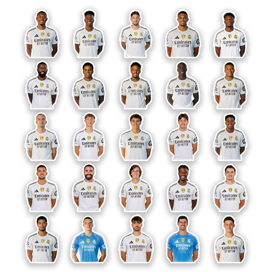 Real Madrid Sticker Pack – players in official white home kit, football anime-style team stickers, Stick-On Los Blancos Squad Collection