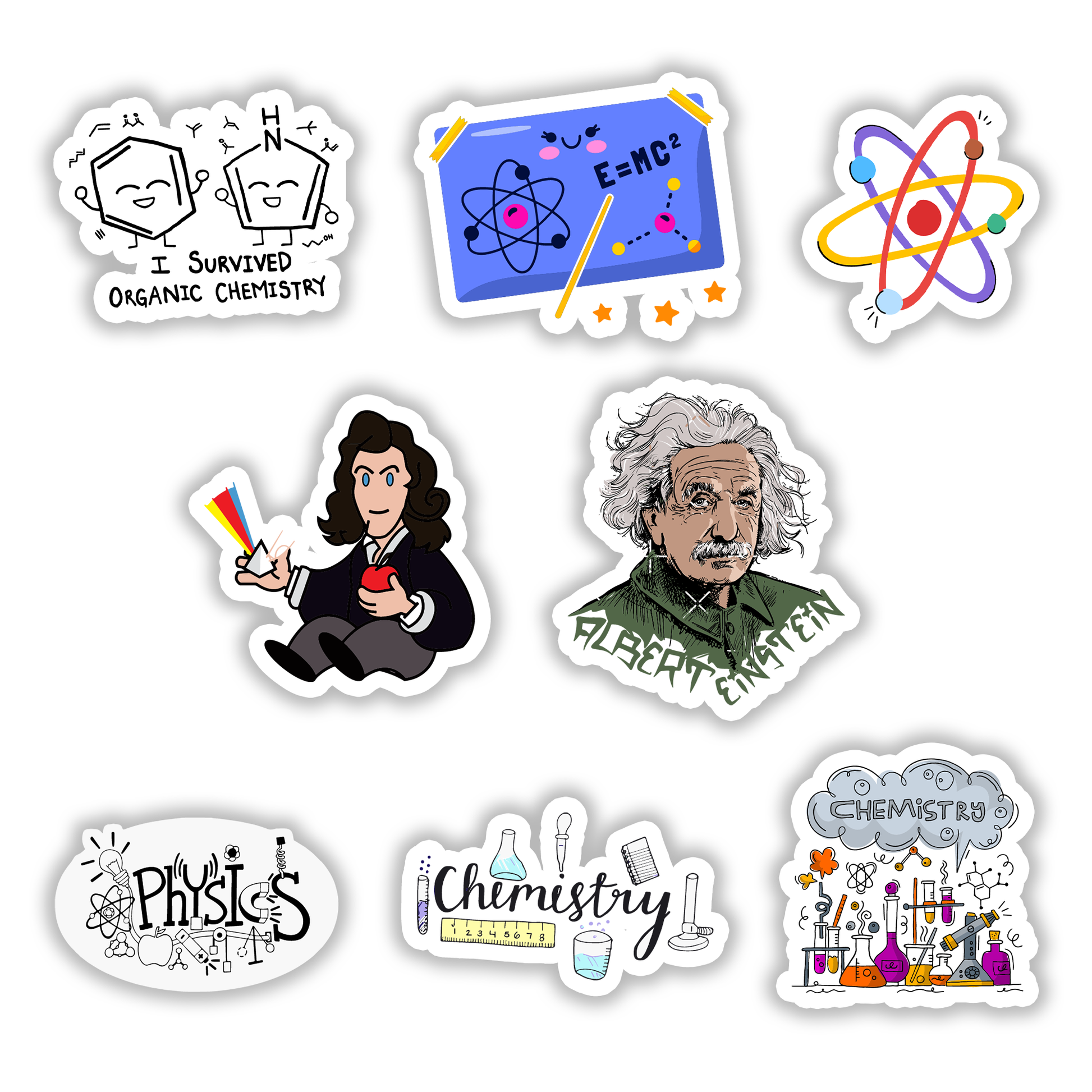 Set of 8 science stickers featuring Einstein, Newton, organic chemistry jokes, atom models, and physics word art - Stick-On Limited collection.