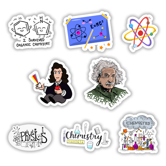 Set of 8 science stickers featuring Einstein, Newton, organic chemistry jokes, atom models, and physics word art - Stick-On Limited collection.